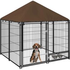 Jaula para perros de metal con toldo y comedero giratorio - Grande y segura al aire libre