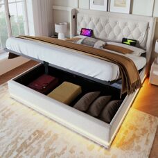 WISHDOR 140x200 cm beige algodón Cama con almacenamiento