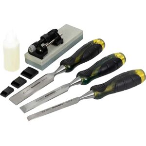 Roughneck 30-165 Professional Bevel Edge Chisel Set - 3 Piece & Sharpening Kit Roughneck 30-165 Professional Bevel Edge Chisel Set - 3 Piece & Sharpening Kit