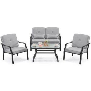 Conjunto de Muebles de Jardín Costway - Metal, Mesa de Vidrio Templado, 2 Sillas, 1 Sofá Doble Conjunto de Muebles de Jardín Costway - Metal, Mesa de Vidrio Templado, 2 Sillas, 1 Sofá Doble