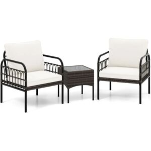 Conjunto de Jardín de Ratán y Fibra Natural de 3 Piezas - Marrón y Blanco Conjunto de Jardín de Ratán y Fibra Natural de 3 Piezas - Marrón y Blanco