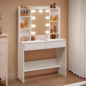 VASAGLE Coiffeuse Moderne Blanche avec Éclairage LED, 2 Tiroirs & Étagères Réglables - Table de Maquillage - Publicité VASAGLE Coiffeuse Moderne Blanche avec Éclairage LED, 2 Tiroirs & Étagères Réglables - Table de Maquillage - Publicité