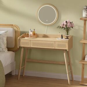 SONGMICS Masca de Machiaj Bej Boho Rattan - Toaletka cu Lumini și 3 Sertare SONGMICS Masca de Machiaj Bej Boho Rattan - Toaletka cu Lumini și 3 Sertare