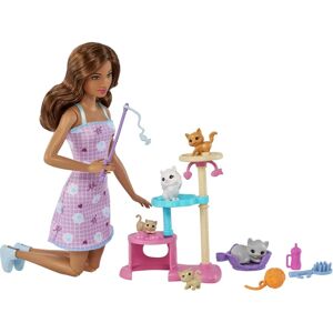 Barbie-nukke kissojen ja raapimispuuleikkisetin kanssa Barbie-nukke kissojen ja raapimispuuleikkisetin kanssa