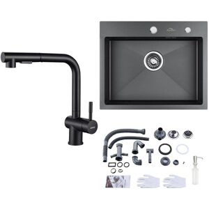 Fregadero de Cocina AURALUM Max - 55x45cm, Negro, Grifo Extractor Fregadero de Cocina AURALUM Max - 55x45cm, Negro, Grifo Extractor