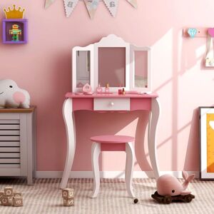 Set de Tocador para Niños COSTWAY con Espejo de 3 Paneles y Almacenamiento Set de Tocador para Niños COSTWAY con Espejo de 3 Paneles y Almacenamiento