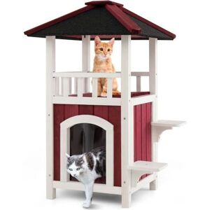 Casa para Gatos COSTWAY con Balcón - Refugio de Madera Resistente para Gatos Casa para Gatos COSTWAY con Balcón - Refugio de Madera Resistente para Gatos