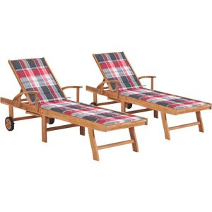 HelloShop26 - Juego de 2 tumbonas - Teak solid wood - Red tile cushion - Sillas de playa HelloShop26 - Juego de 2 tumbonas - Teak solid wood - Red tile cushion - Sillas de playa