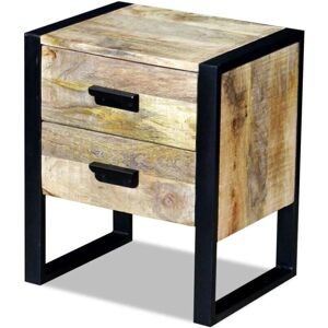 Mesita de Noche de Madera de Mango - Estilo Industrial, Hecho a Mano, 2 Cajones Mesita de Noche de Madera de Mango - Estilo Industrial, Hecho a Mano, 2 Cajones