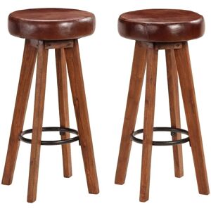 HelloShop26 Taburetes de Bar de Madera de Acacia - Cuero Verdadero - 2 Piezas HelloShop26 Taburetes de Bar de Madera de Acacia - Cuero Verdadero - 2 Piezas