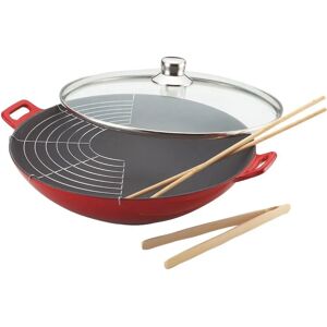 BAUMALU Cast Iron Wok 36cm - Red - Glass Lid Included BAUMALU Cast Iron Wok 36cm - Red - Glass Lid Included
