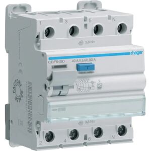 Hager CDF640D - Residual Current Device - 4P, 40A, 30mA, Type F Hager CDF640D - Residual Current Device - 4P, 40A, 30mA, Type F