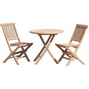 MACABANE Ensemble en teck : table ronde et 2 chaises - Publicité MACABANE Ensemble en teck : table ronde et 2 chaises - Publicité