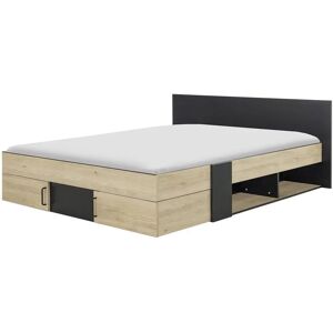 Cama con Almacenaje Calicosy 160x200 - Negro y Madera Clara Cama con Almacenaje Calicosy 160x200 - Negro y Madera Clara