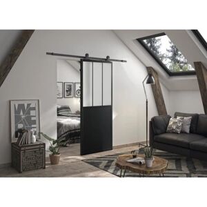 Kit porte coulissante noir Optimum - Verre dépoli - 204x83cm - Publicité Kit porte coulissante noir Optimum - Verre dépoli - 204x83cm - Publicité