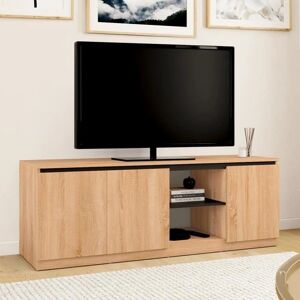 Meuble TV Idmarket Tomi - 3 portes en hêtre naturel et noir - 140cm - Publicité Meuble TV Idmarket Tomi - 3 portes en hêtre naturel et noir - 140cm - Publicité
