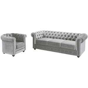 Ensemble Canapé Chesterfield en Velours - Gris Clair - 3 Places & Fauteuil - Publicité Ensemble Canapé Chesterfield en Velours - Gris Clair - 3 Places & Fauteuil - Publicité