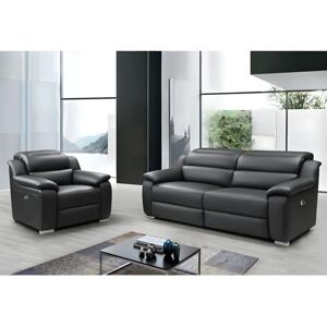 Vente-unique - Conjunto de Sofá y Sillón - Relax eléctrico, Cuero de vaca, Negro Vente-unique - Conjunto de Sofá y Sillón - Relax eléctrico, Cuero de vaca, Negro