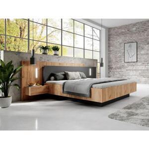 Cama Vente-unique con Mesitas 160x200cm - 2 Cajones - LEDs - Natural y Antracita - Somier Cama Vente-unique con Mesitas 160x200cm - 2 Cajones - LEDs - Natural y Antracita - Somier