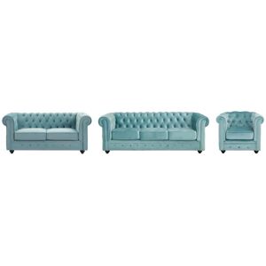 Ensemble Canapé Chesterfield Velours Bleu Ciel - 3/2/1 Places - Publicité Ensemble Canapé Chesterfield Velours Bleu Ciel - 3/2/1 Places - Publicité