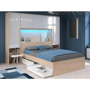 Lit VELONA avec Rangement & LED - Naturel & Blanc - 140x190 cm - Publicité Lit VELONA avec Rangement & LED - Naturel & Blanc - 140x190 cm - Publicité