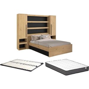 Vente-unique Hochbett 160x200cm mit Stauraum - LEDs - Natur & Schwarz - Matratze & Lattenrost Vente-unique Hochbett 160x200cm mit Stauraum - LEDs - Natur & Schwarz - Matratze & Lattenrost