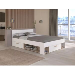Vente-unique Lit 140x190/200cm avec Rangements - Blanc et Naturel - Publicité Vente-unique Lit 140x190/200cm avec Rangements - Blanc et Naturel - Publicité