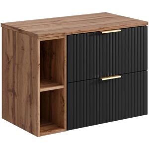 Mueble de baño flotante con panel rayado y estantes - negro y natural claro - 80cm - Zevara Mueble de baño flotante con panel rayado y estantes - negro y natural claro - 80cm - Zevara