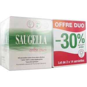 Saugella Cotton Touch - 2x14 Serviettes Ultra-Fines avec Ailes - Publicité Saugella Cotton Touch - 2x14 Serviettes Ultra-Fines avec Ailes - Publicité