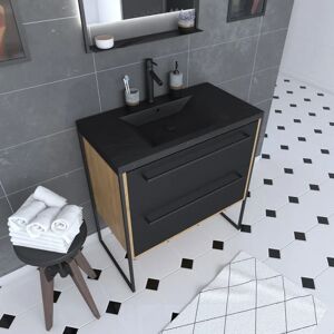 Aurlane - Armario de almacenamiento baño 80x50cm Marrón - 2 cajones Alfombra negra - Efecto resina negra Pierre Aurlane - Armario de almacenamiento baño 80x50cm Marrón - 2 cajones Alfombra negra - Efecto resina negra Pierre