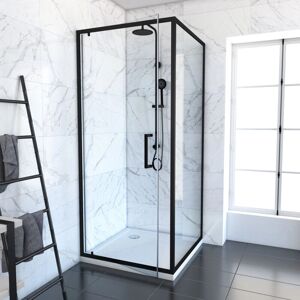 Porte de Douche Pivotante et Paroi Fixe en Aluminium Noir - 80x80x200cm Porte de Douche Pivotante et Paroi Fixe en Aluminium Noir - 80x80x200cm