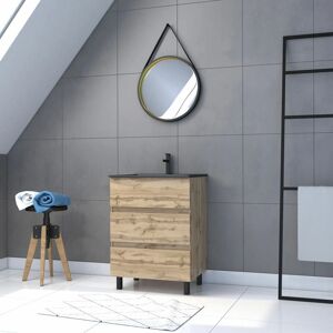 Aurlane - Mueble de baño 60cm Acabado Roble - Cajones - Lavabo negro + Espejo redondo Aurlane - Mueble de baño 60cm Acabado Roble - Cajones - Lavabo negro + Espejo redondo