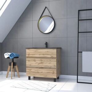 AURLANE Meuble de salle de bain 80cm finition chêne lavabo noir miroir - Publicité AURLANE Meuble de salle de bain 80cm finition chêne lavabo noir miroir - Publicité
