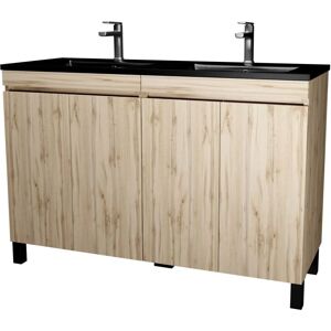 Aurlane PACM710 Armario de baño Roble Natural - 120cm, 4 puertas, Doble lavabo cerámica negra Aurlane PACM710 Armario de baño Roble Natural - 120cm, 4 puertas, Doble lavabo cerámica negra