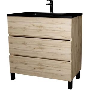Aurlane Meuble de salle de bain - Chêne Naturel - 80cm, 3 tiroirs, Lavabo en céramique noire - Publicité Aurlane Meuble de salle de bain - Chêne Naturel - 80cm, 3 tiroirs, Lavabo en céramique noire - Publicité
