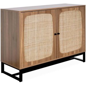 Sweeek - Aparador retro de madera oscura y caña - 2 puertas - 100cm Sweeek - Aparador retro de madera oscura y caña - 2 puertas - 100cm