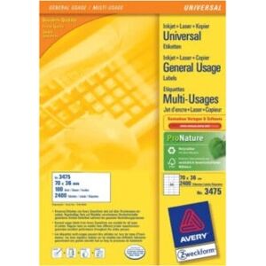 Avery 3475 White Printer Labels - 70x36mm, 2400 Self-Adhesive Avery 3475 White Printer Labels - 70x36mm, 2400 Self-Adhesive
