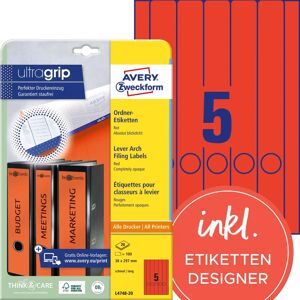 Avery L4748 - Étiquettes pour dossiers - Rouge - 38 x 297 mm - 100 pcs Avery L4748 - Étiquettes pour dossiers - Rouge - 38 x 297 mm - 100 pcs