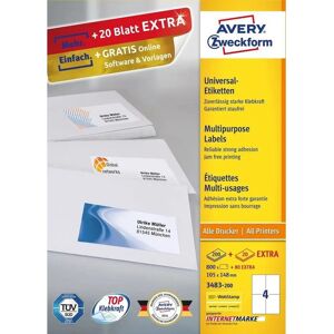 Avery 3483-200 Weiße Selbstklebende Etiketten - 105x148mm - 880 St Avery 3483-200 Weiße Selbstklebende Etiketten - 105x148mm - 880 St