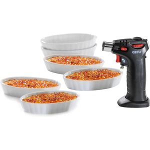 Gefu 7 részes crème brûlée készlet - Flambírozó, fekete, porcelán tálak Gefu 7 részes crème brûlée készlet - Flambírozó, fekete, porcelán tálak