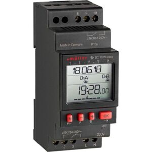 Müller SC 18.24 easy - Digital 2-channel timer - Weekly and daily programming - Astronomical scheduling - Night savings - 56 memory slots - 10-year reserve - CR 2032 battery - 1 min min switch time - 16A capacity Müller SC 18.24 easy - Digital 2-channel timer - Weekly and daily programming - Astronomical scheduling - Night savings - 56 memory slots - 10-year reserve - CR 2032 battery - 1 min min switch time - 16A capacity