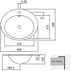Alape EB.O600H - Oválné vestavné umyvadlo - 600mm Alape EB.O600H - Oválné vestavné umyvadlo - 600mm
