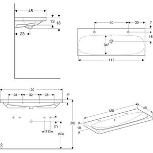 Geberit Acanto Wandwastafel - 120x48cm, 2 Kraangaten, Overloop Geberit Acanto Wandwastafel - 120x48cm, 2 Kraangaten, Overloop