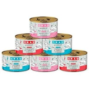 Nourriture humide GRAU pour chatons sans céréales - Pack varié : Bœuf, Dinde & Carotte, Truite & Dinde, Poulet & Canard - 6 x 200 g - Publicité Nourriture humide GRAU pour chatons sans céréales - Pack varié : Bœuf, Dinde & Carotte, Truite & Dinde, Poulet & Canard - 6 x 200 g - Publicité