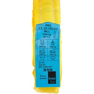 Braun Model 30041RS - Polyester Lifting Sling - 2m - Yellow - 3000kg Braun Model 30041RS - Polyester Lifting Sling - 2m - Yellow - 3000kg