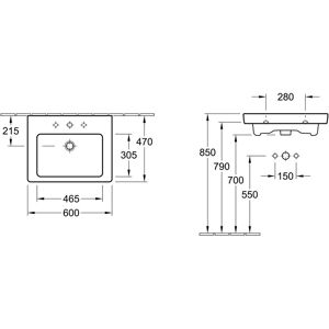 Villeroy & Boch Chiuveta, 600x470mm, Dreptunghiulară, pentru robinet cu 3 găuri, perforată la centru, cu rezervor de apă Villeroy & Boch Chiuveta, 600x470mm, Dreptunghiulară, pentru robinet cu 3 găuri, perforată la centru, cu rezervor de apă