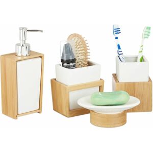 Relaxdays Bath Accessory Set - Ceramic Bamboo, White & Natural - Bath Type Relaxdays Bath Accessory Set - Ceramic Bamboo, White & Natural - Bath Type