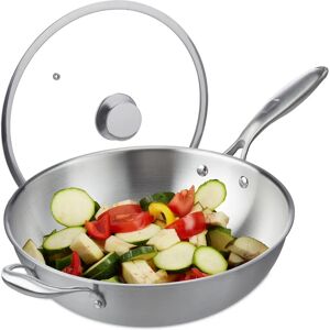 Relaxdays Wok 32cm Stainless Steel - Asian Cooking Pan - Glass Lid Relaxdays Wok 32cm Stainless Steel - Asian Cooking Pan - Glass Lid