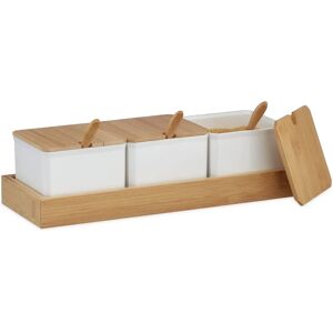 RELAXDAYS Set of 3 Spice Jars with Bamboo Tray - White RELAXDAYS Set of 3 Spice Jars with Bamboo Tray - White