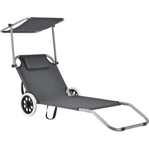 Chaise longue pliable avec parasol réglable et roues - Gris foncé - Publicité Chaise longue pliable avec parasol réglable et roues - Gris foncé - Publicité